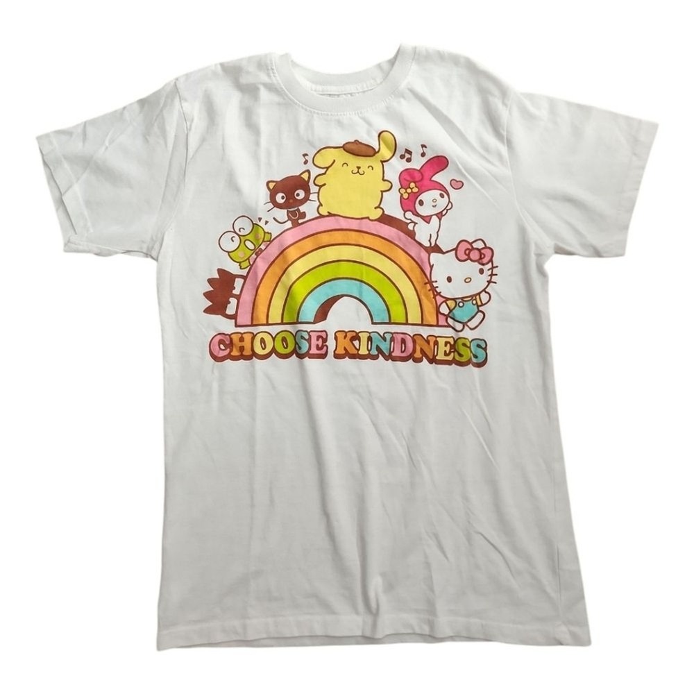 Sanrio Graphic Tee Women Medium White Choose Kindness Hello Kitty Kawaii Rainbow